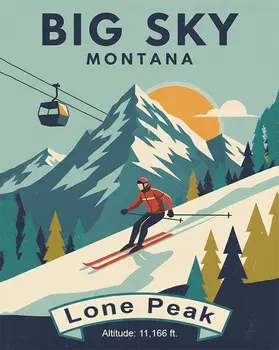 Vintage Big Sky Montana Poster - Famous Ski Area Art Print - 8"x10" Artwork for 11"x14" Frame