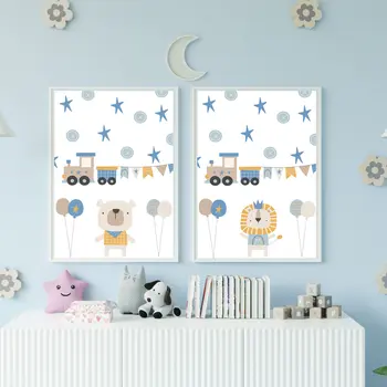 Trains, bear and lion child's bedroom, nursery prints