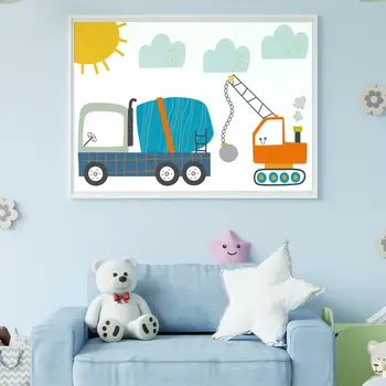 Building site nursery print: Cement mixer and bulldozer