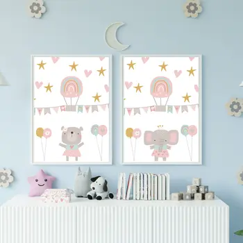 Hot air balloon bear, elephant child's bedroom, nursery print
