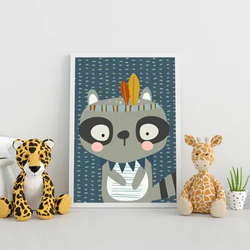 Illustrated tribal raccoon child's bedroom, nursery print
