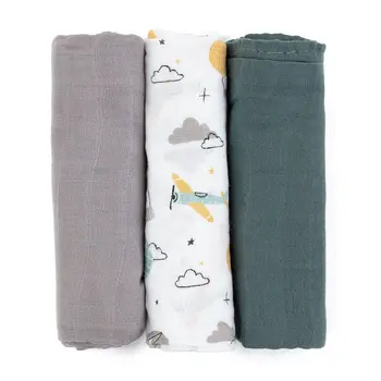 Petite & Mars Bambusz muszlin 3db-os pelenka szett Moussy Grey Planes, 68 x 68 cm