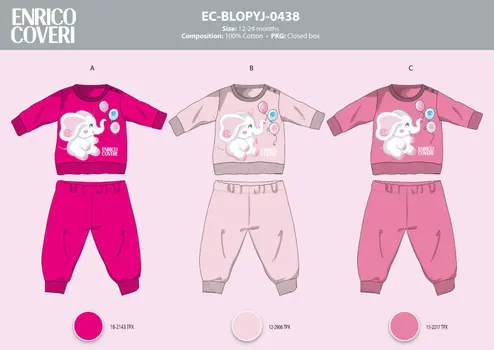 Enrico Coveri long thin baby pajamas - 100% cotton pajamas - Elephant print - pink - 86