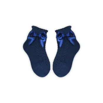 100% cotton baby girl baby ankle socks with crochet upper part - with bow decoration - dark blue - 16-17
