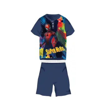 Summer short-sleeved cotton pajamas for children - Spiderman - with Super Hero inscription - dark blue - 116