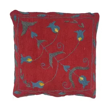Embroidered Woolen Falu Red Cushion Cover
