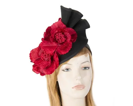 Large black felt red flower fascinator F591BR