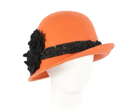 Orange ladies winter felt cloche hat by Fillies Collection