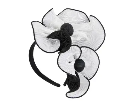 White & black racing fascinator by Max Alexander