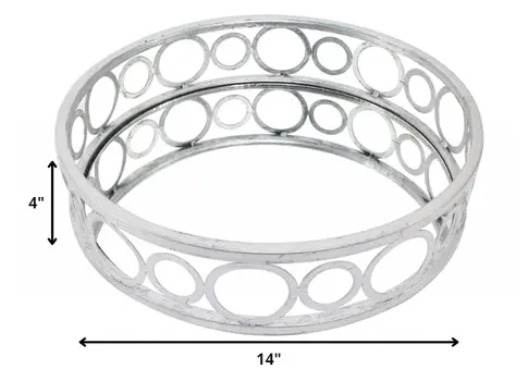14" Silver Round Metal Geometric Vanity Tray