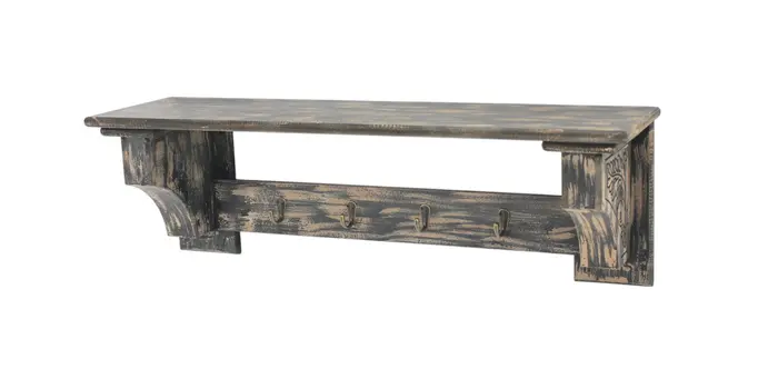 30" Black Distressed Wood Four Hook Wall Mounted Hanging Coat Rack