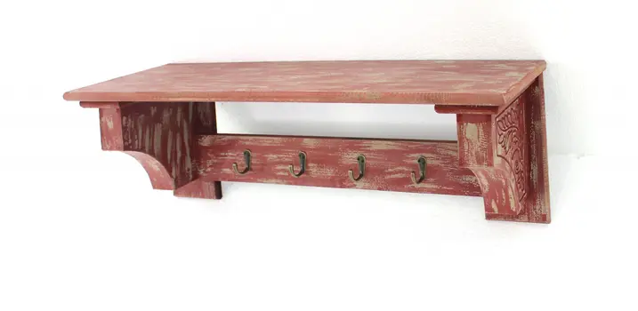 30" Red Distressed Wood Four Hook Wall Mounted Hanging Coat Rack