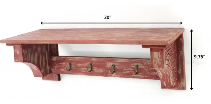 30" Red Distressed Wood Four Hook Wall Mounted Hanging Coat Rack