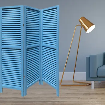 Blue Finish Wood Shutter 3 Panel Room Divider Screen