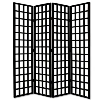 96" Black And White Folding Four Panel Screen Room Divider