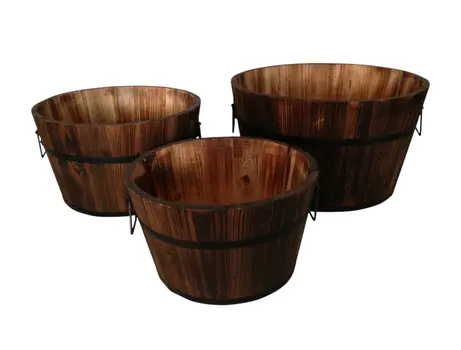 Set of Three Natural Wood Indoor Outdoor Round Pot Planters