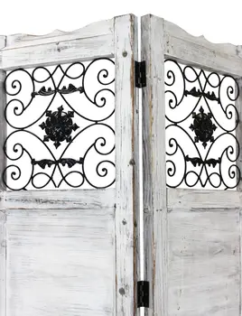 Gray Wash 4 Panel With Scroll Work Room Divider Screen