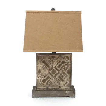 25" Distressed Brown Metal Bedside Lamp With Khaki Shade