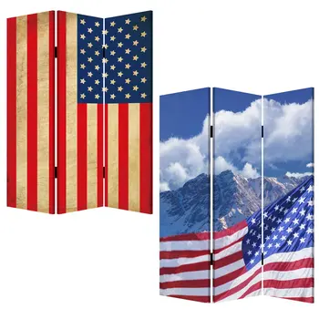 72" Red White And Blue American Flag Reversible Canvas Folding Three Panel Room Divider