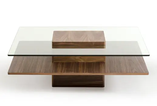 39" Clear and Brown Glass and Wood Pedestal Coffee Table With Shelf
