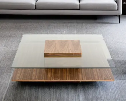 39" Clear and Brown Glass and Wood Pedestal Coffee Table With Shelf