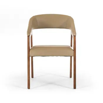 Taupe and Brown Upholstered Faux Leather Curved Back Dining Arm Chair