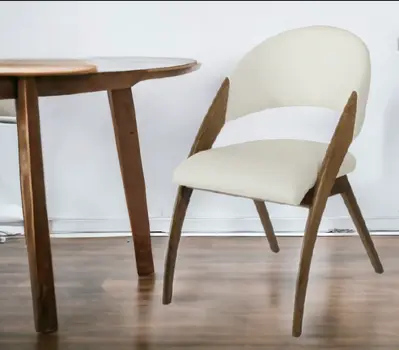 Set of Two Cream and Brown Upholstered Faux Leather Open Back Dining Arm Chairs