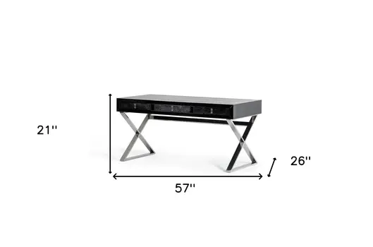 57" Black and Silver Wood And Stainless Steel Cross Legs Coffee Table With Three Drawers