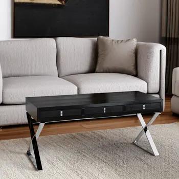 57" Black and Silver Wood And Stainless Steel Cross Legs Coffee Table With Three Drawers