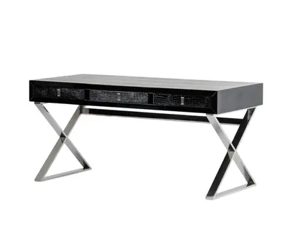57" Black and Silver Wood And Stainless Steel Cross Legs Coffee Table With Three Drawers