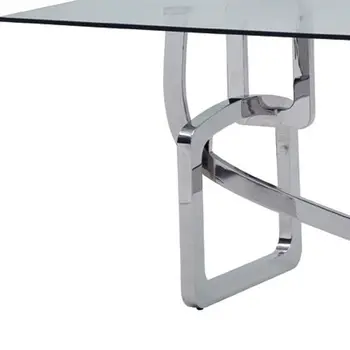 79" Clear And Silver Glass And Stainless Steel Trestle Base Dining Table