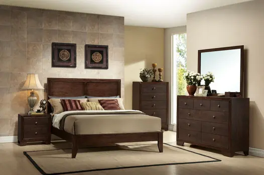 Espresso Inlaid Panels Wood Queen Bed Frame