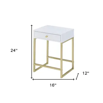 24" Gold And White Solid Wood End Table With Drawer