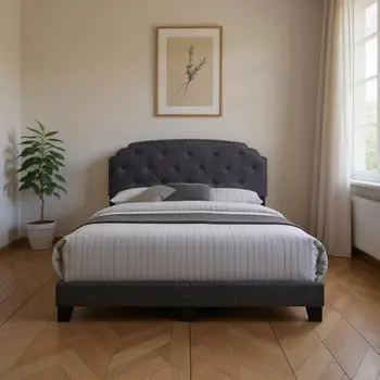 Gray Wood And Tufted Linen Queen Bed Frame with Nailhead Trim