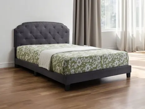 Gray Wood And Tufted Linen Queen Bed Frame with Nailhead Trim