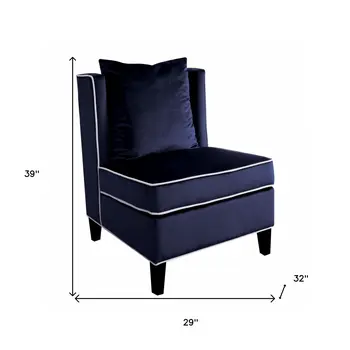 29" Dark Blue and Black Velvet Slipper Chair And Toss Pillow