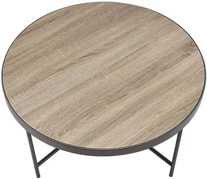 32" Brown and Black Wood And Iron Round Coffee Table