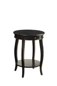 24" Black Solid Wood And Wood Round End Table With Drawer And Shelf