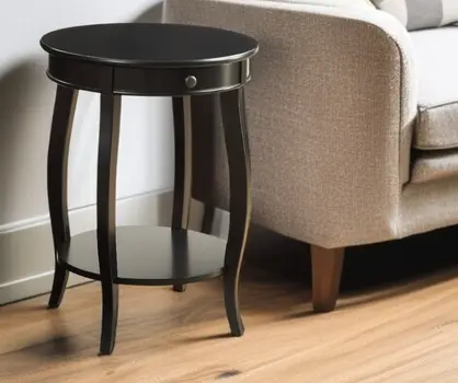 24" Black Solid Wood And Wood Round End Table With Drawer And Shelf