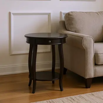 24" Black Wood Round End Table With Drawer And Shelf