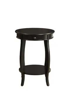 24" Black Solid Wood And Wood Round End Table With Drawer And Shelf