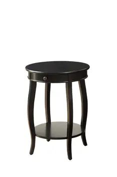 24" Black Solid Wood And Wood Round End Table With Drawer And Shelf
