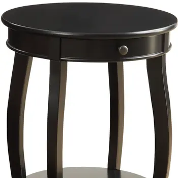 24" Black Solid Wood And Wood Round End Table With Drawer And Shelf