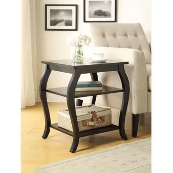 23" Black Wood Bow Leg End Table With Two Shelves