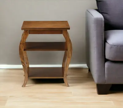 23" Brown Wood Bow Leg End Table With Two Shelves