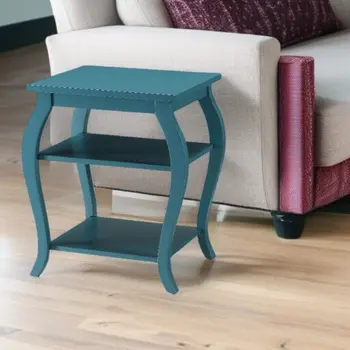 23" Teal Blue Wood Bow Leg End Table With Two Shelves
