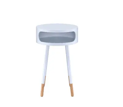 26" White and Natural Solid Wood Round End Table With Shelf
