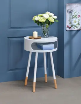26" White and Natural Solid Wood Round End Table With Shelf