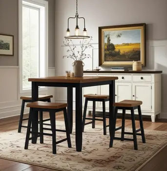 Five Piece Oak and Black Square Solid Wood Dining Set with Four Chairs