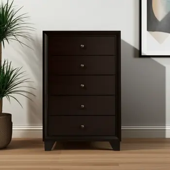 31" Espresso Solid Wood Five Drawer Dresser